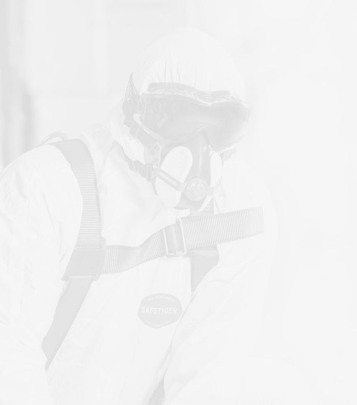 Zertifikate Hintergrund Mann mit Schutzanzug und Atemmaske